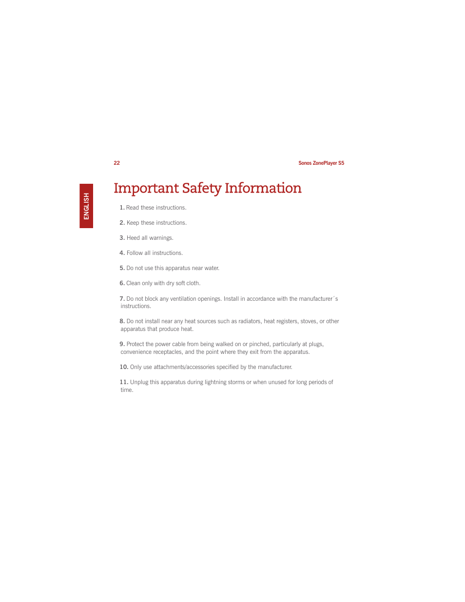 Important safety information | Sonos ZonePlayer S5 User Manual | Page 32 / 180