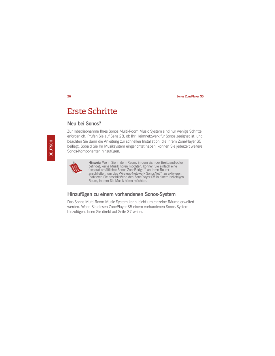 Erste schritte, Neu bei sonos, Hinzufügen zu einem vorhandenen sonos-system | Sonos ZonePlayer S5 User Manual | Page 35 / 180