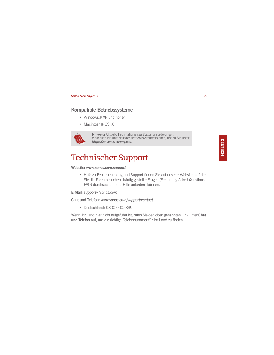 Technischer support, Kompatible betriebssysteme | Sonos ZonePlayer S5 User Manual | Page 38 / 180