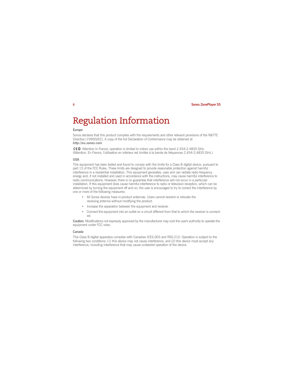 Regulation information | Sonos ZonePlayer S5 User Manual | Page 4 / 180