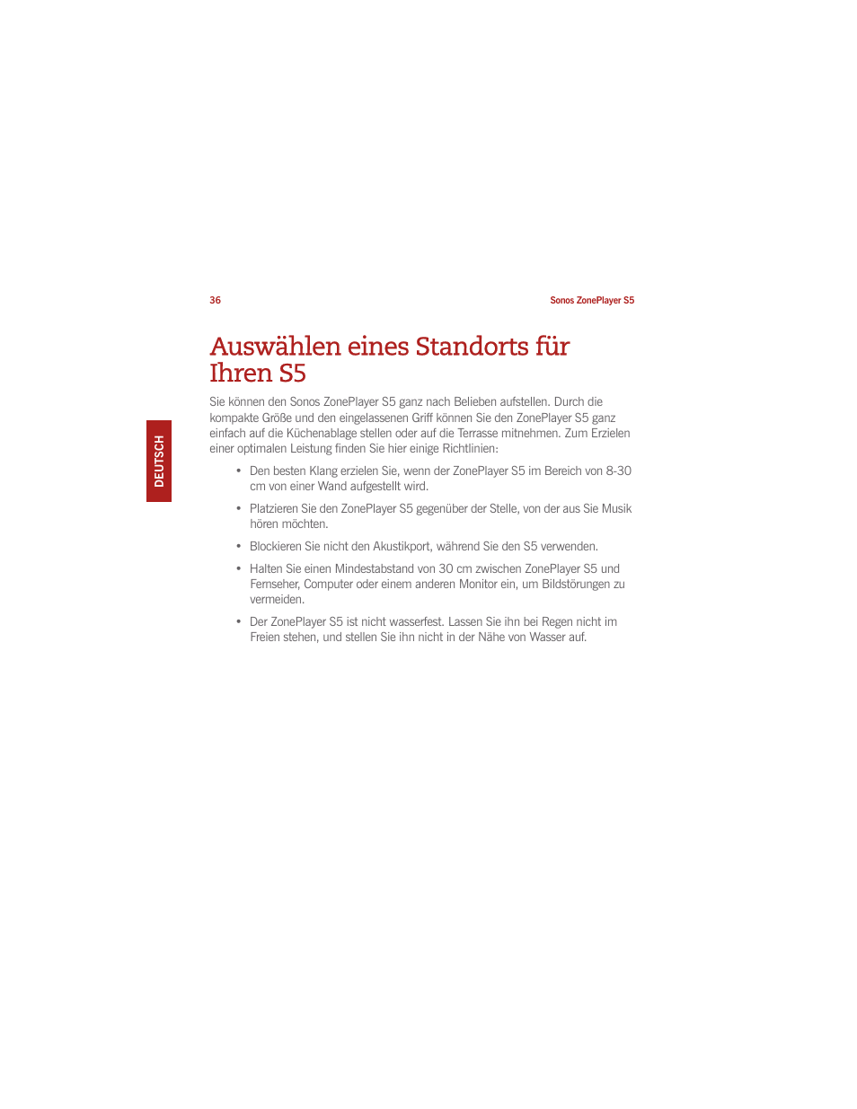 Auswählen eines standorts für ihren s5 | Sonos ZonePlayer S5 User Manual | Page 45 / 180