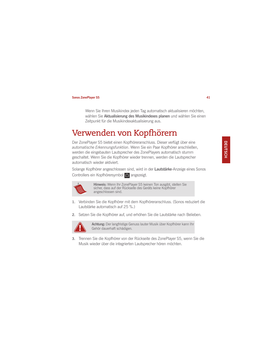 Verwenden von kopfhörern | Sonos ZonePlayer S5 User Manual | Page 50 / 180
