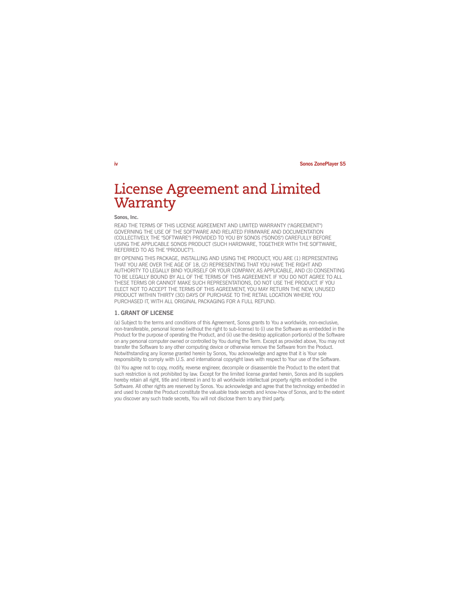 License agreement and limited warranty | Sonos ZonePlayer S5 User Manual | Page 6 / 180