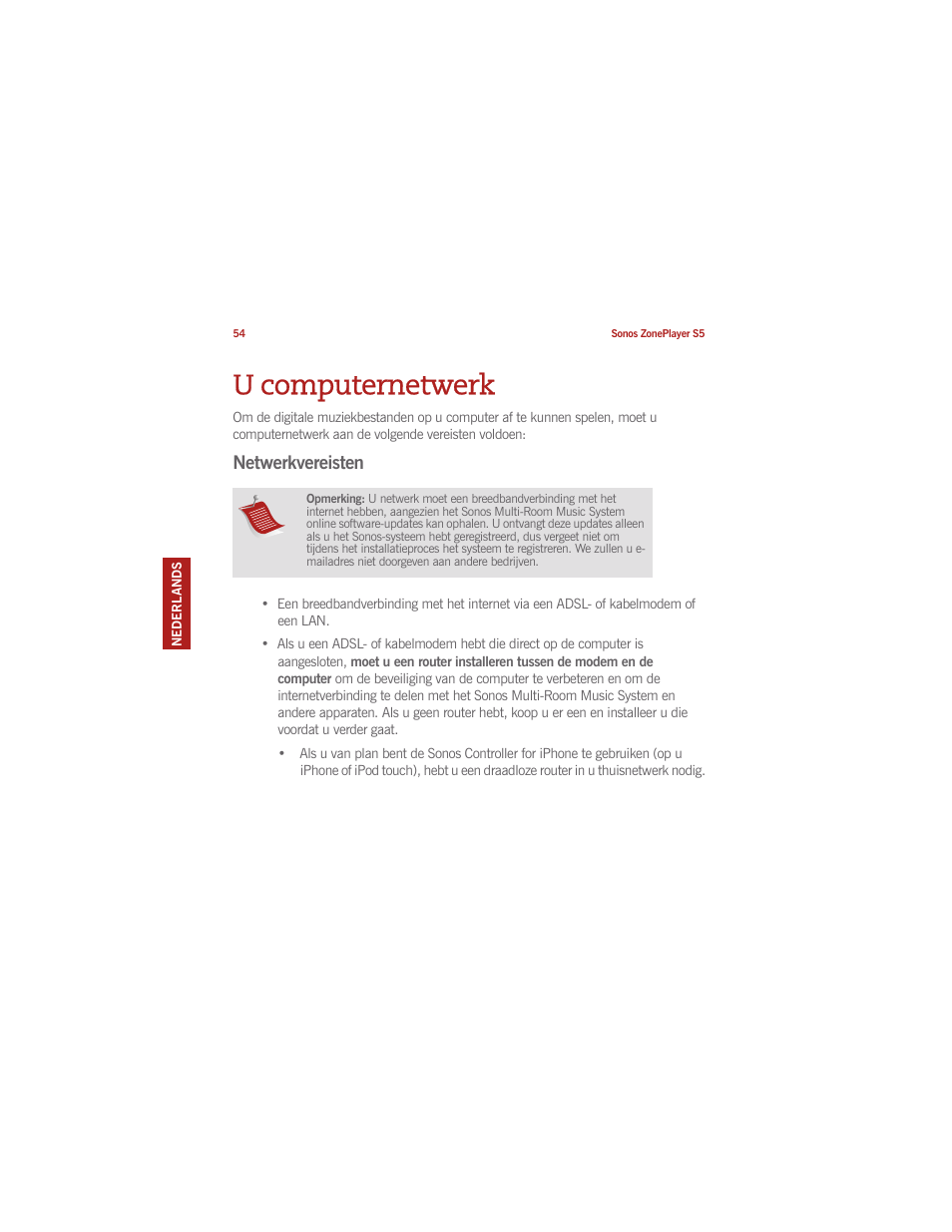 U computernetwerk, Netwerkvereisten | Sonos ZonePlayer S5 User Manual | Page 62 / 180