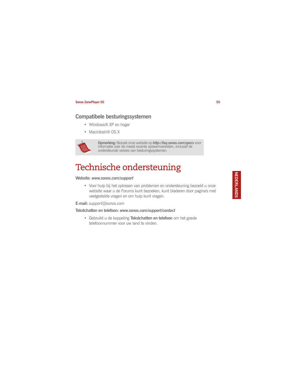 Technische ondersteuning, Compatibele besturingssystemen | Sonos ZonePlayer S5 User Manual | Page 63 / 180