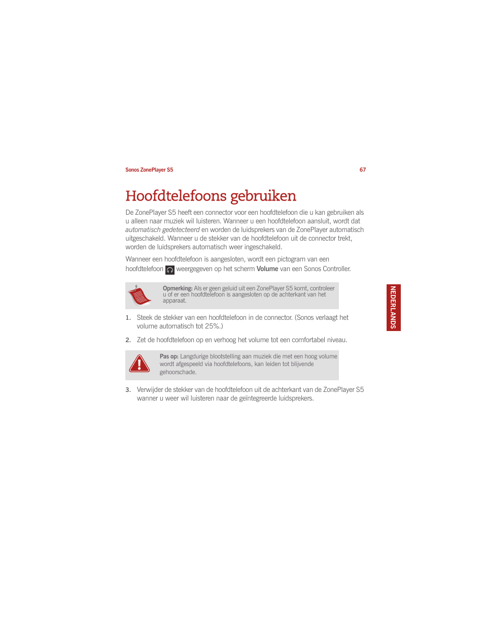 Hoofdtelefoons gebruiken | Sonos ZonePlayer S5 User Manual | Page 75 / 180