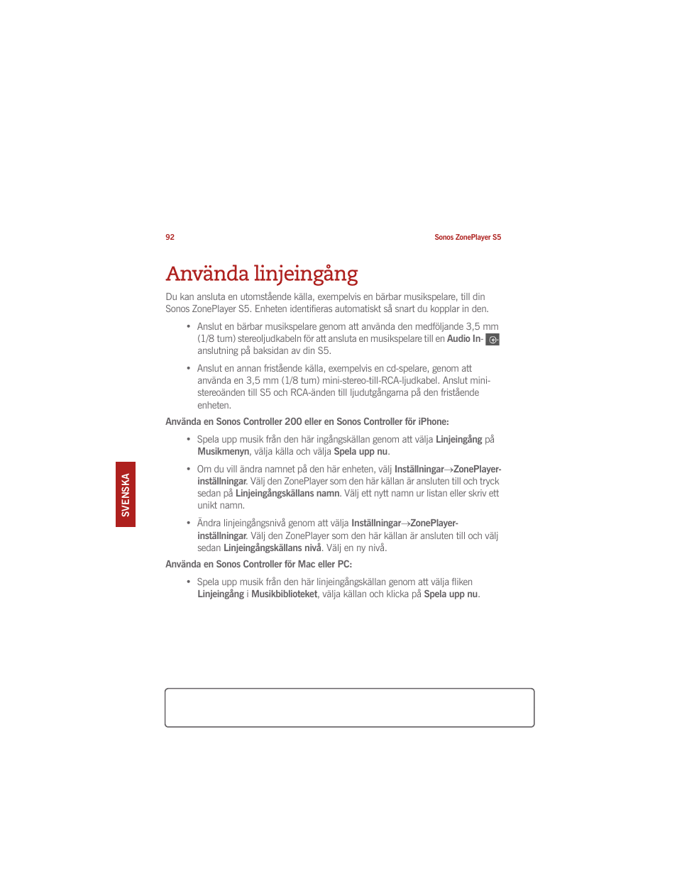 Använda linjeingång | Sonos ZonePlayer S5 User Manual | Page 99 / 180