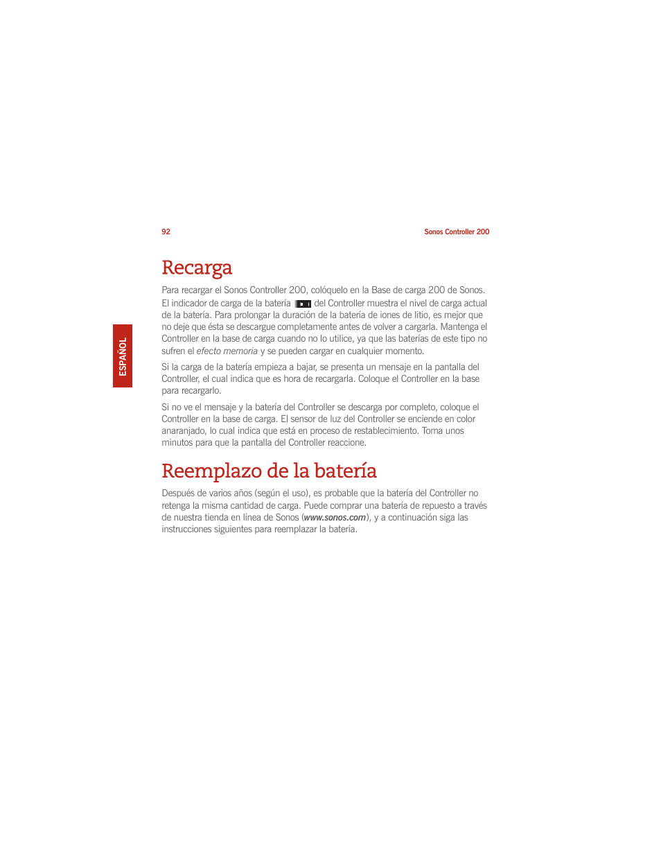 Recarga, Reemplazo de la batería | Sonos CONTROLLER 200 User Manual | Page 102 / 122