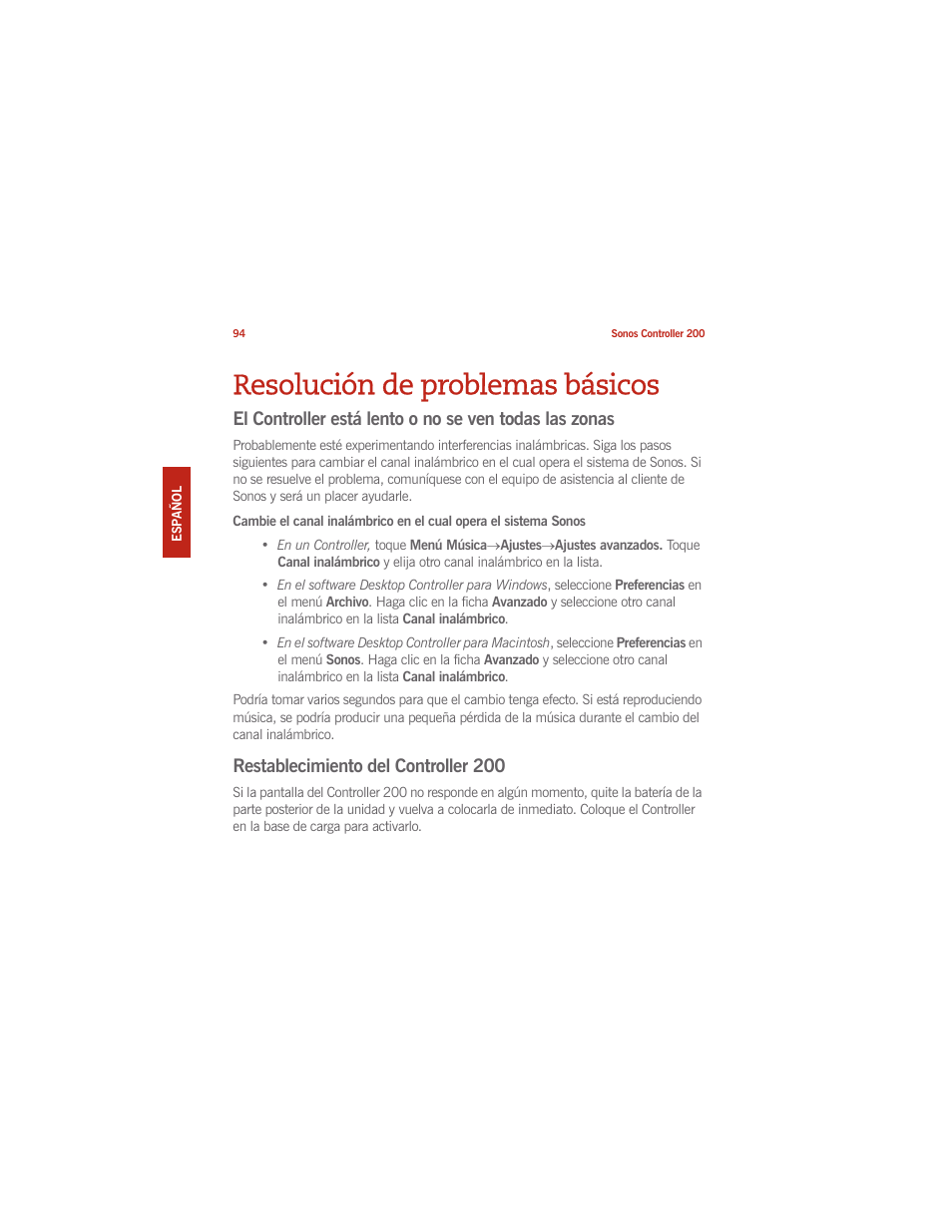Resolución de problemas básicos, Restablecimiento del controller 200 | Sonos CONTROLLER 200 User Manual | Page 104 / 122