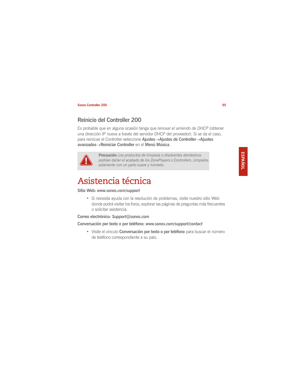 Asistencia técnica, Reinicio del controller 200 | Sonos CONTROLLER 200 User Manual | Page 105 / 122