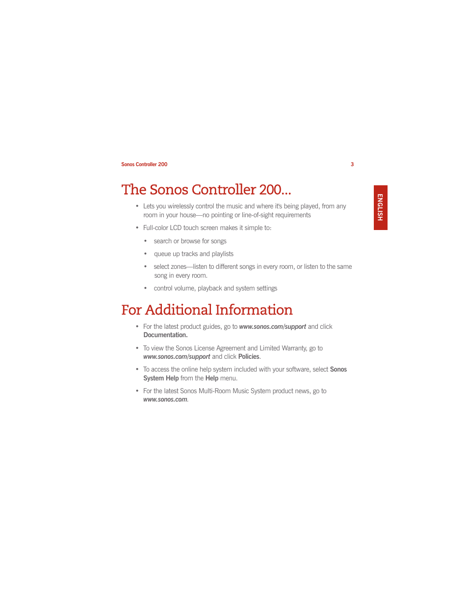 The sonos controller 200, For additional information | Sonos CONTROLLER 200 User Manual | Page 13 / 122