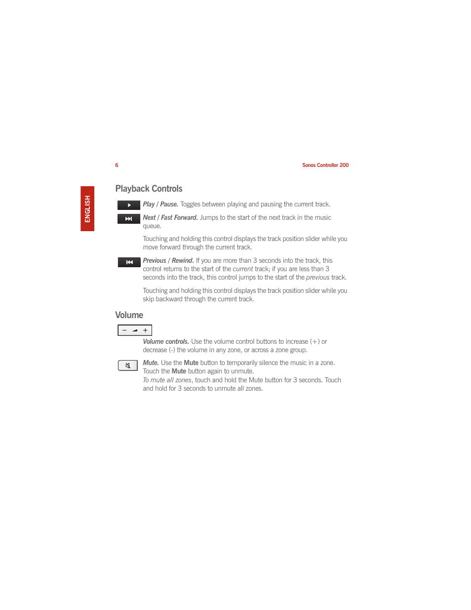Playback controls, Volume | Sonos CONTROLLER 200 User Manual | Page 16 / 122