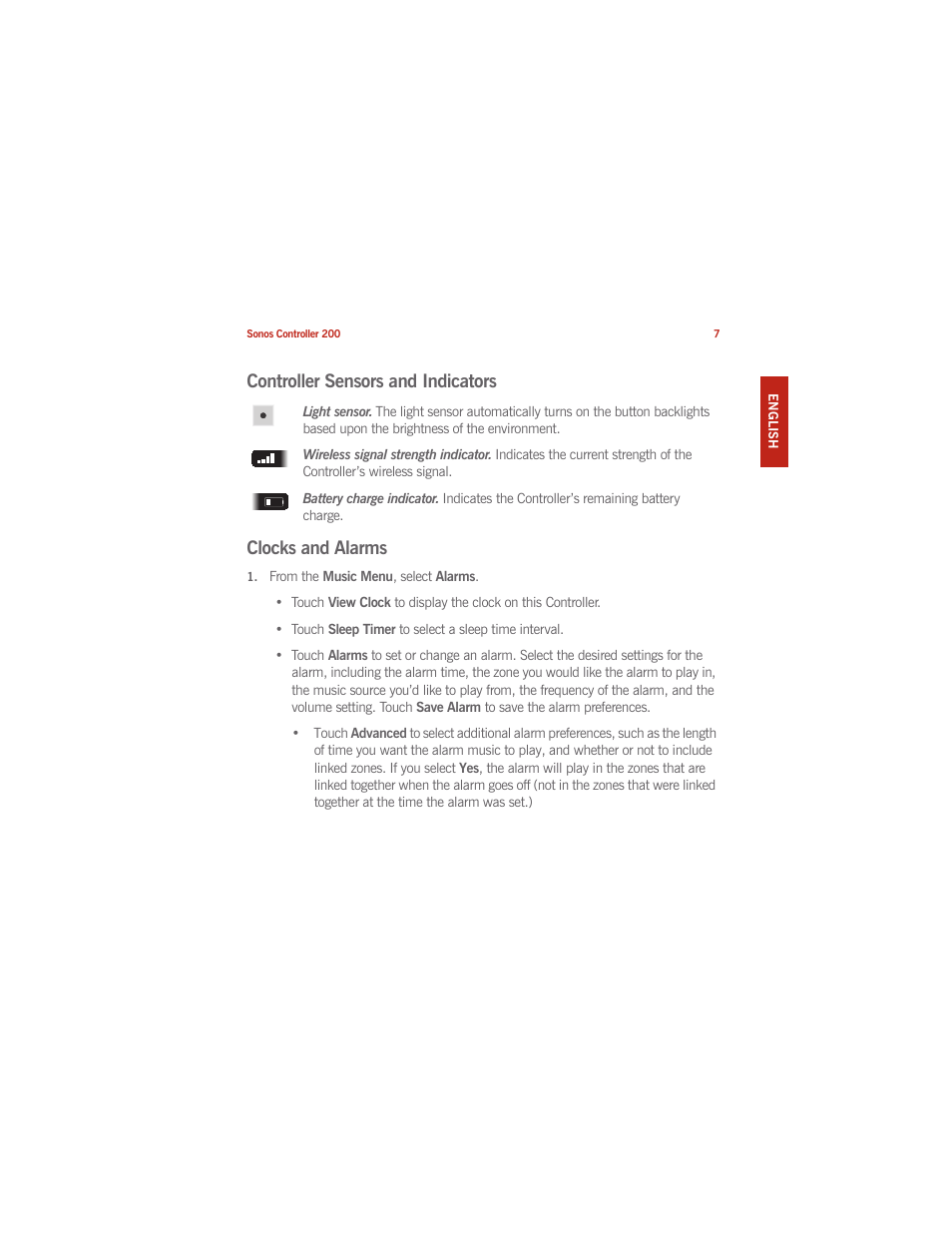 Controller sensors and indicators, Clocks and alarms | Sonos CONTROLLER 200 User Manual | Page 17 / 122