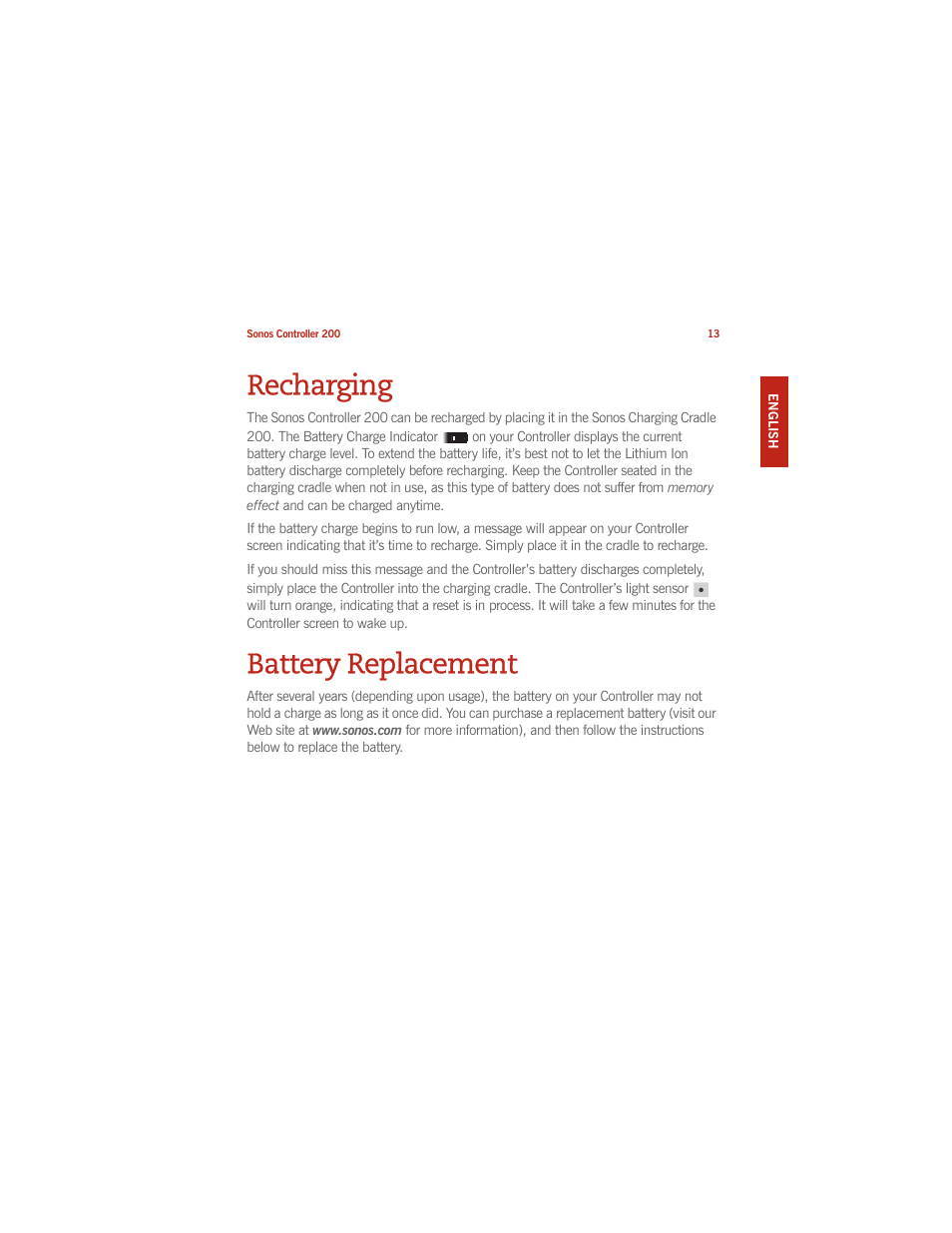 Recharging, Battery replacement | Sonos CONTROLLER 200 User Manual | Page 23 / 122