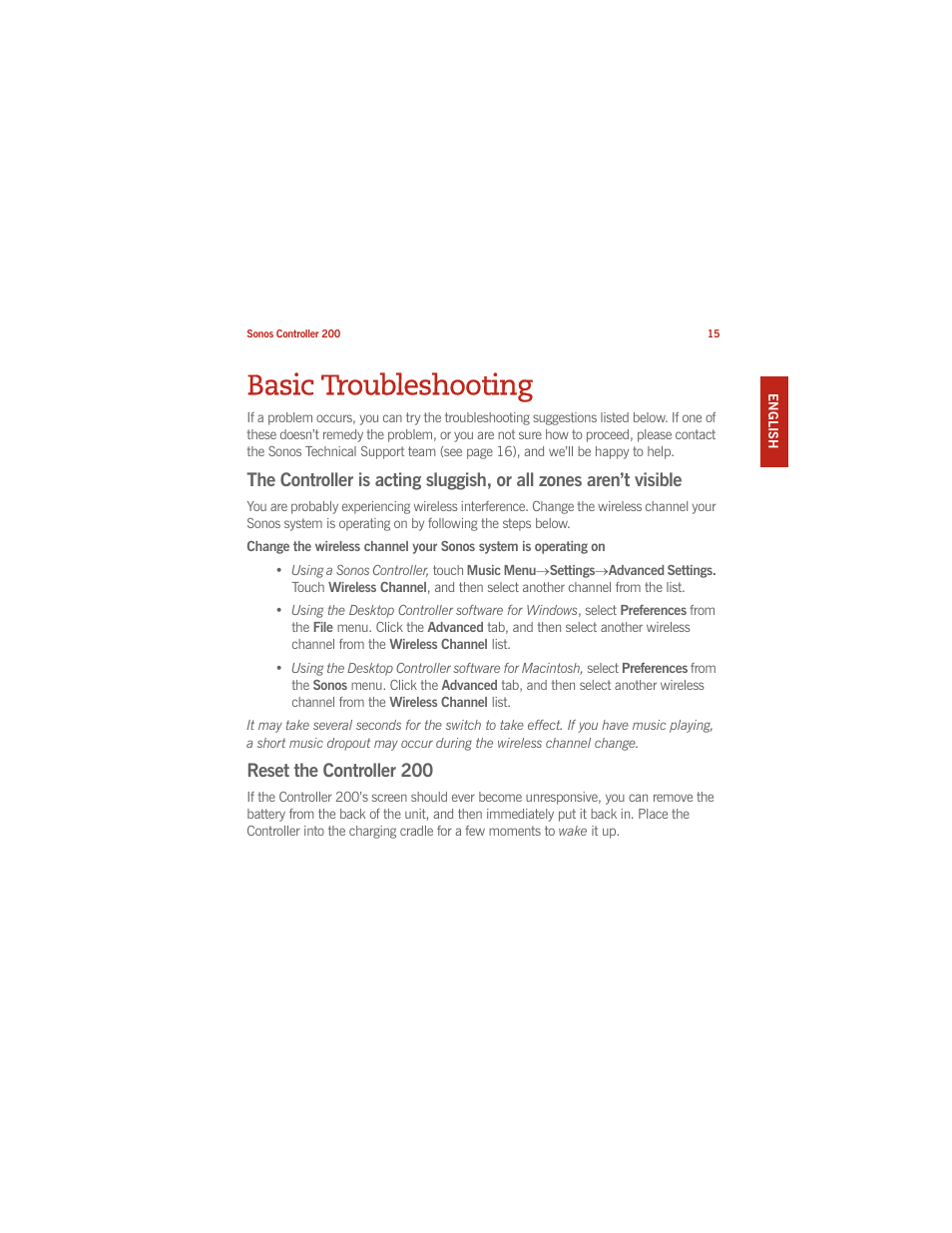 Basic troubleshooting, Reset the controller 200 | Sonos CONTROLLER 200 User Manual | Page 25 / 122