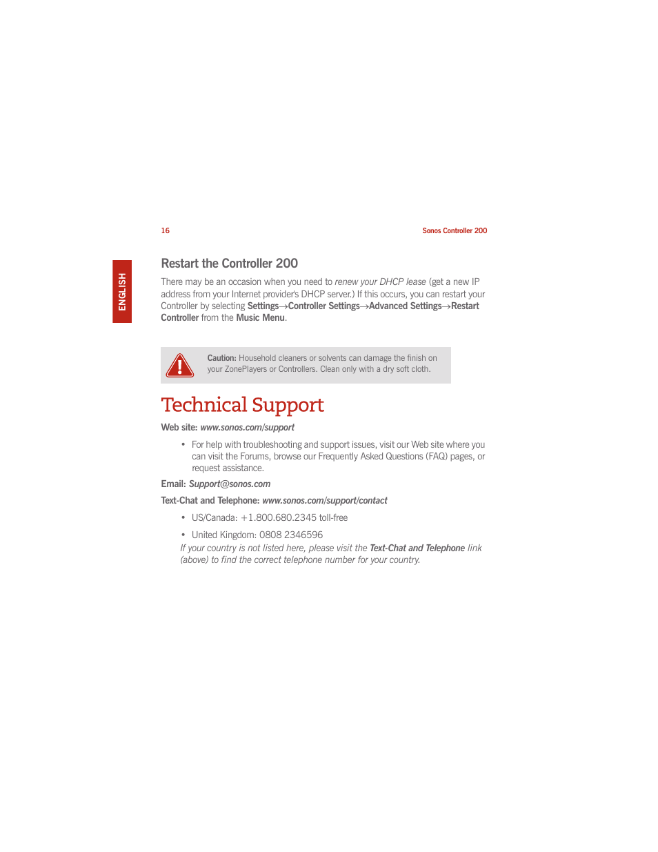 Technical support, Restart the controller 200 | Sonos CONTROLLER 200 User Manual | Page 26 / 122