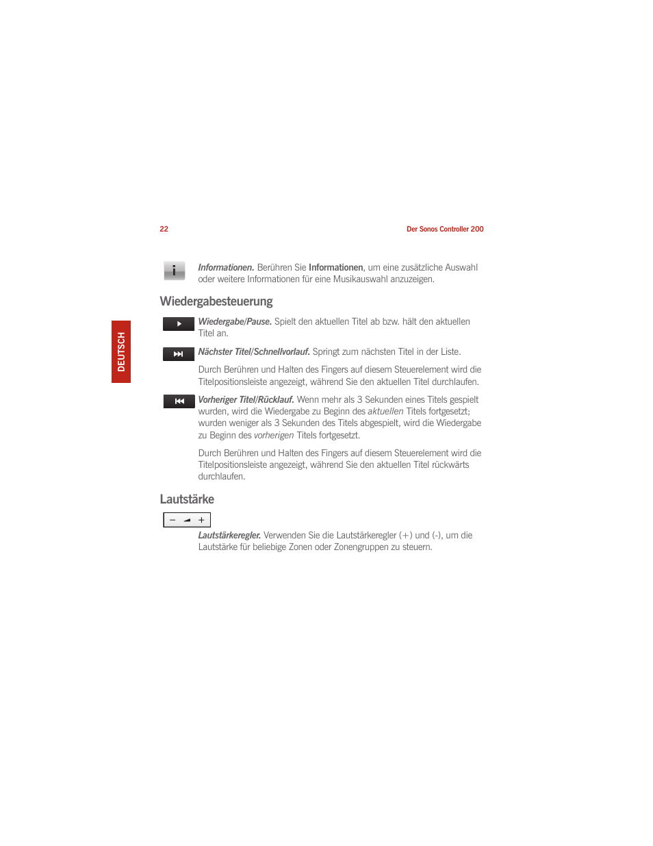 Wiedergabesteuerung, Lautstärke | Sonos CONTROLLER 200 User Manual | Page 32 / 122