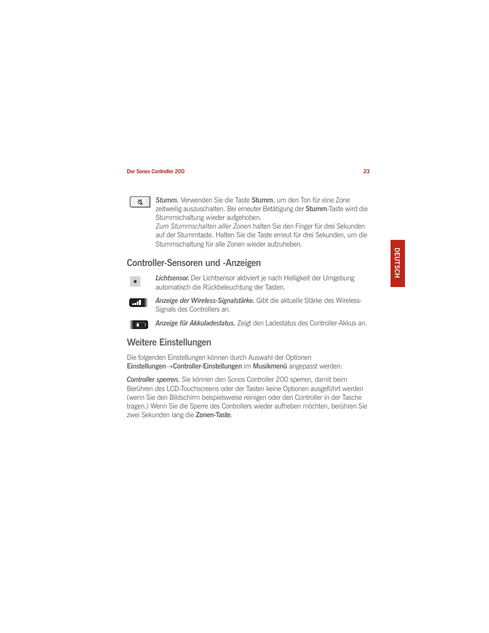 Controller-sensoren und -anzeigen, Weitere einstellungen | Sonos CONTROLLER 200 User Manual | Page 33 / 122