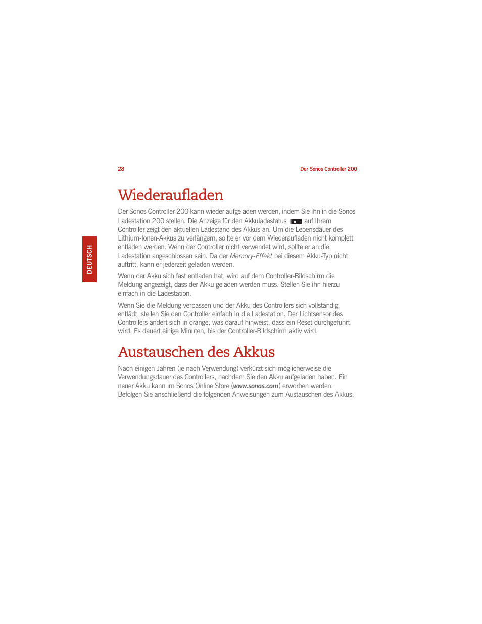 Wiederaufladen, Austauschen des akkus | Sonos CONTROLLER 200 User Manual | Page 38 / 122
