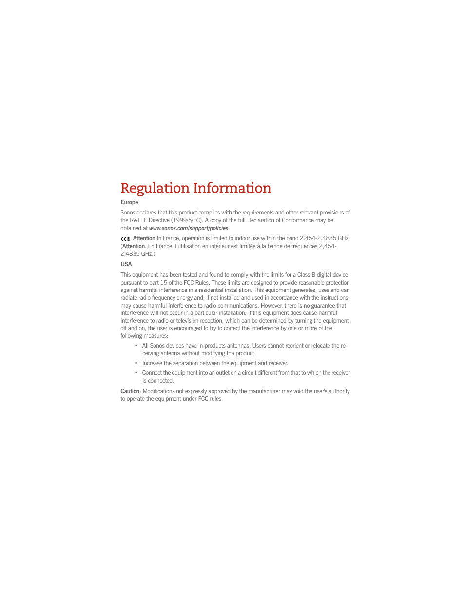 Regulation information | Sonos CONTROLLER 200 User Manual | Page 4 / 122