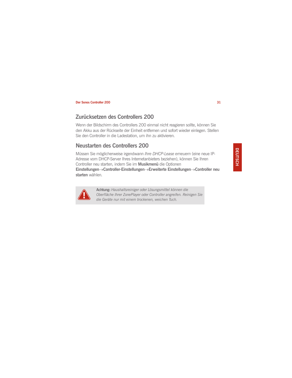 Zurücksetzen des controllers 200, Neustarten des controllers 200 | Sonos CONTROLLER 200 User Manual | Page 41 / 122