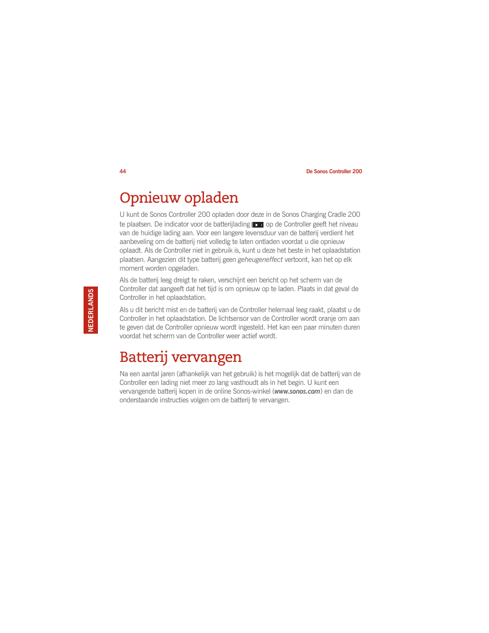 Opnieuw opladen, Batterij vervangen | Sonos CONTROLLER 200 User Manual | Page 54 / 122