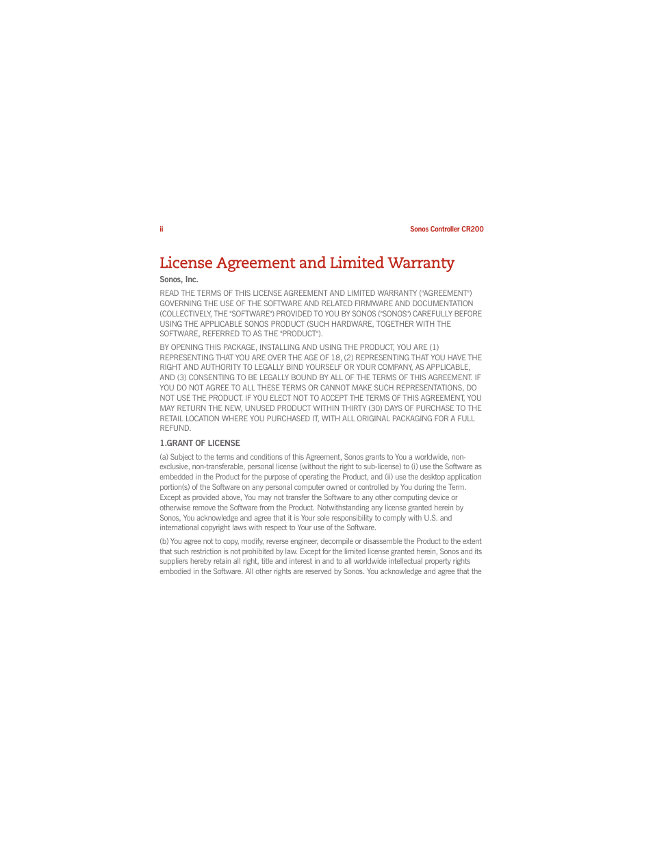 License agreement and limited warranty | Sonos CONTROLLER 200 User Manual | Page 6 / 122