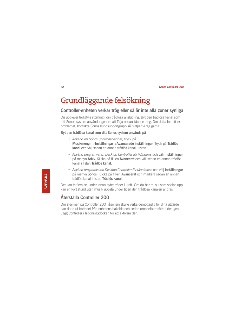 Grundläggande felsökning, Återställa controller 200 | Sonos CONTROLLER 200 User Manual | Page 72 / 122