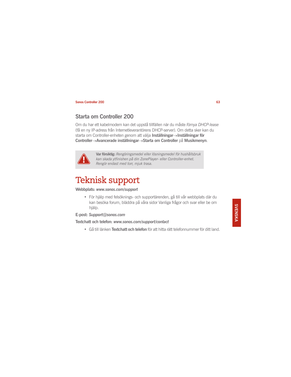 Teknisk support, Starta om controller 200 | Sonos CONTROLLER 200 User Manual | Page 73 / 122