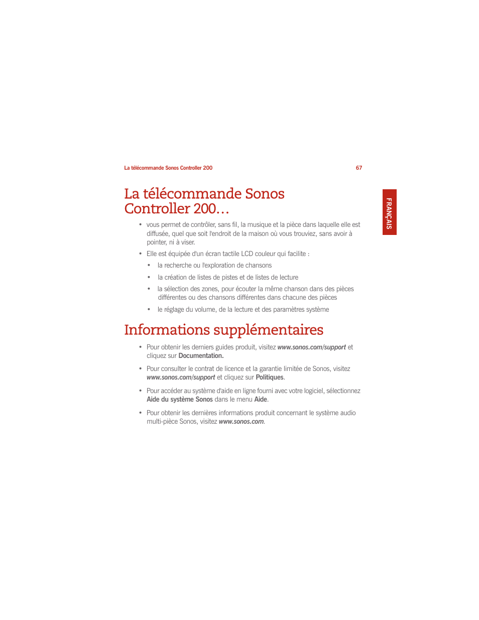 La télécommande sonos controller 200, Informations supplémentaires | Sonos CONTROLLER 200 User Manual | Page 77 / 122