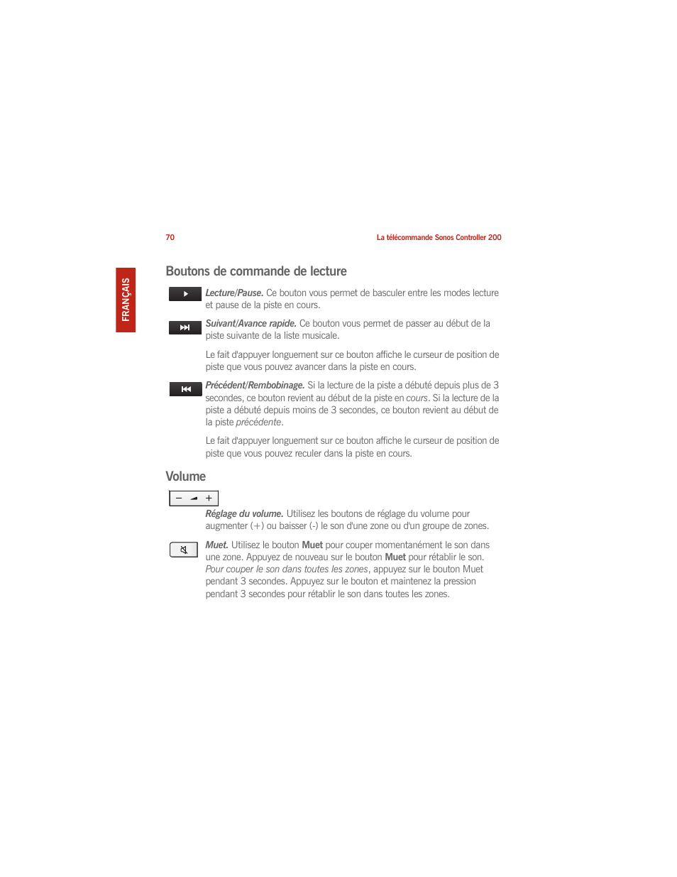 Boutons de commande de lecture, Volume | Sonos CONTROLLER 200 User Manual | Page 80 / 122
