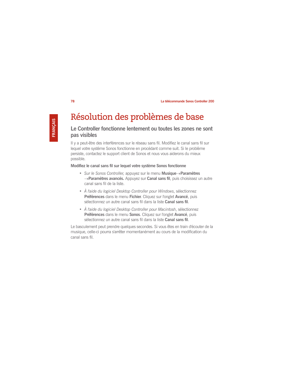 Résolution des problèmes de base | Sonos CONTROLLER 200 User Manual | Page 88 / 122