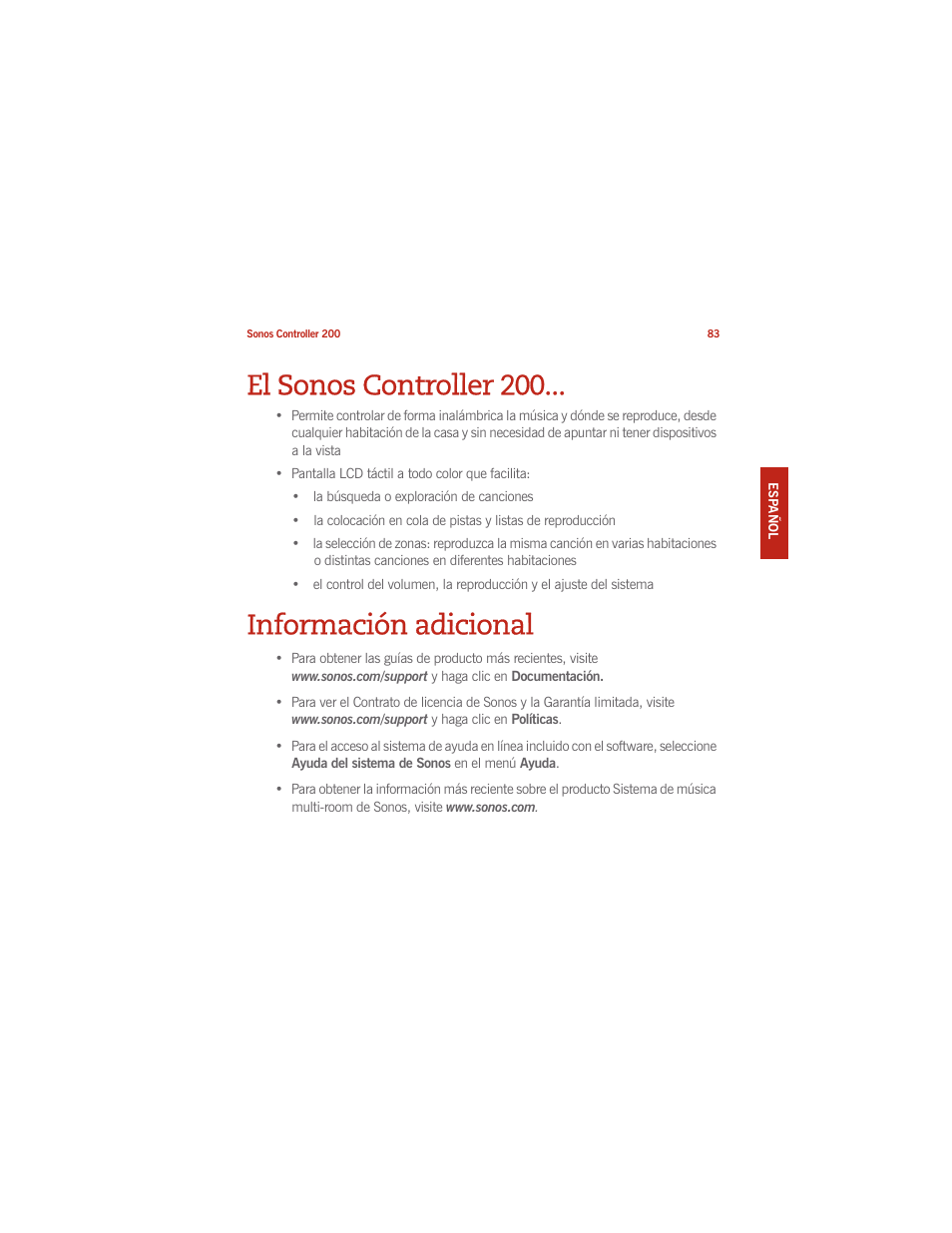 El sonos controller 200, Información adicional | Sonos CONTROLLER 200 User Manual | Page 93 / 122