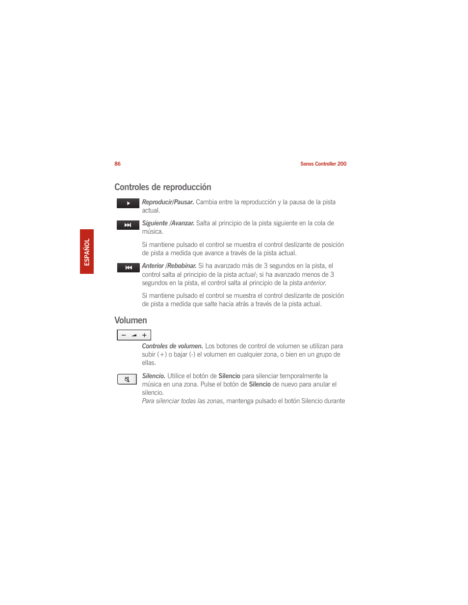 Controles de reproducción, Volumen | Sonos CONTROLLER 200 User Manual | Page 96 / 122