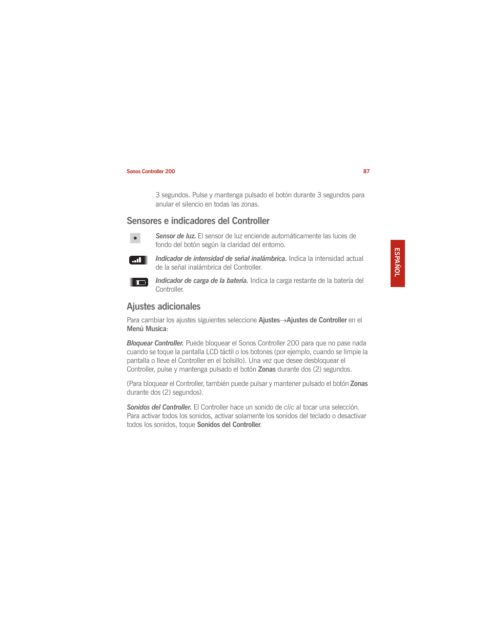 Sensores e indicadores del controller, Ajustes adicionales | Sonos CONTROLLER 200 User Manual | Page 97 / 122