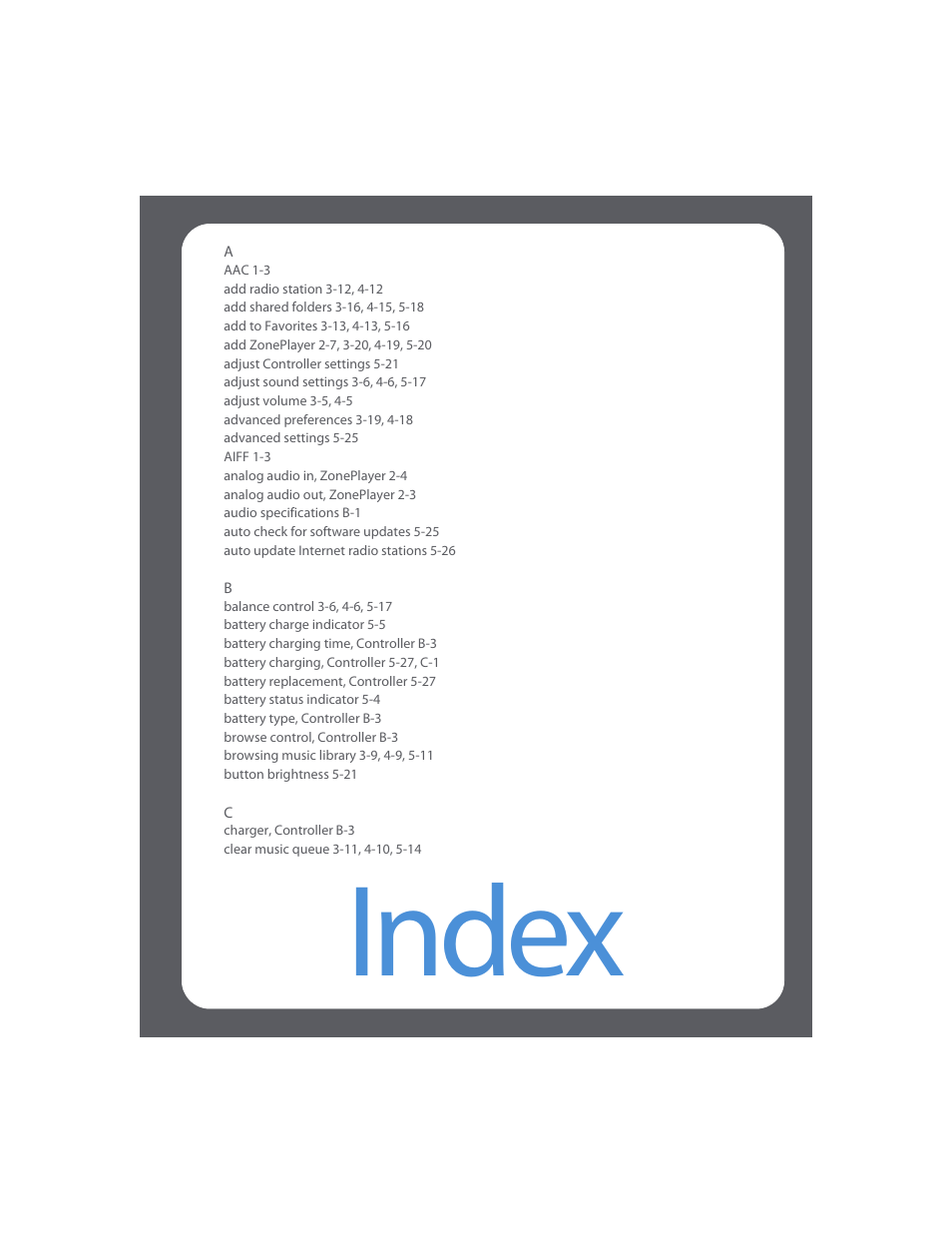 Index | Sonos Digital Music System User Manual | Page 107 / 114
