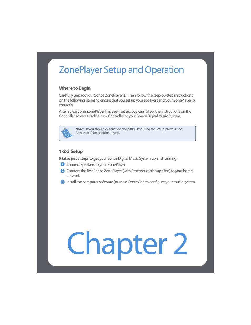 Zoneplayer setup and operation, Where to begin, 2-3 setup | Chapter 2 zoneplayer setup and operation, Where to begin -1 1-2-3 setup -1, Chapter 2 | Sonos Digital Music System User Manual | Page 15 / 114