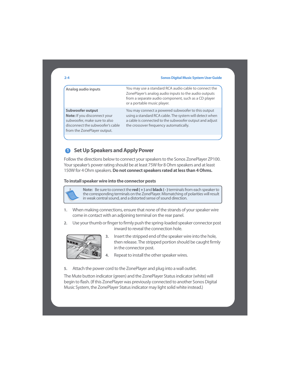 To install speaker wire into the connector posts, Set up speakers and apply power | Sonos Digital Music System User Manual | Page 18 / 114