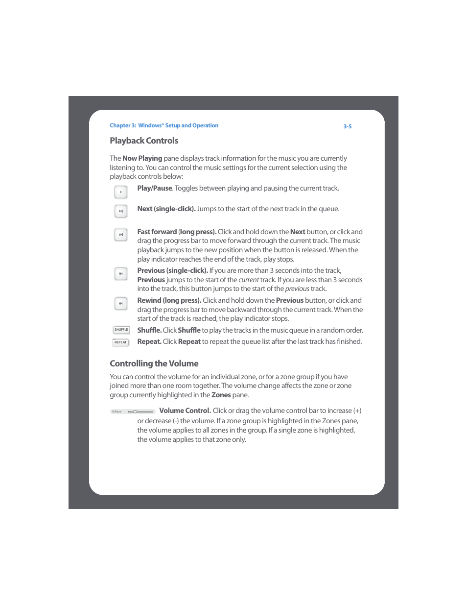 Playback controls, Controlling the volume, Playback controls -5 controlling the volume -5 | Sonos Digital Music System User Manual | Page 27 / 114