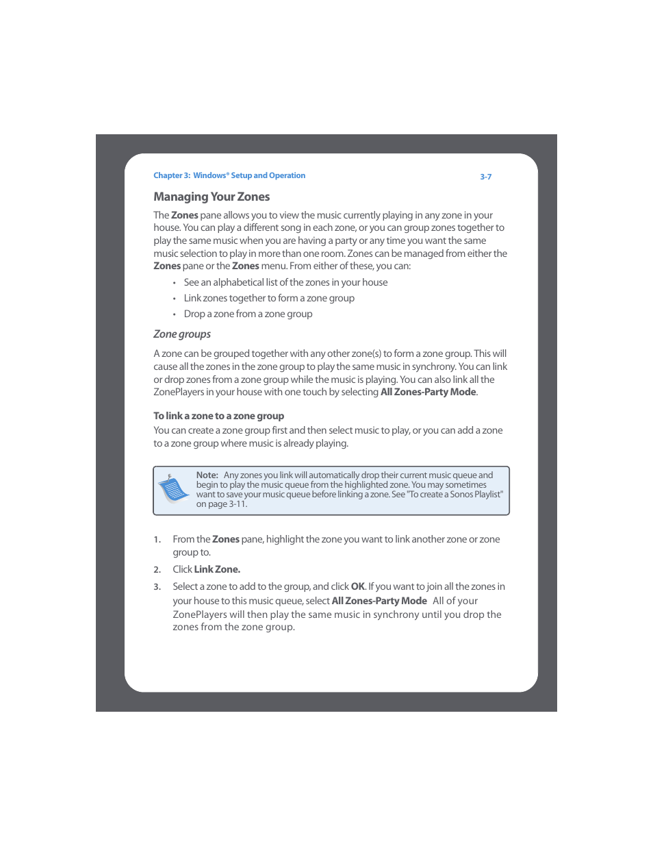 Managing your zones, Zone groups, To link a zone to a zone group | Managing your zones -7 | Sonos Digital Music System User Manual | Page 29 / 114