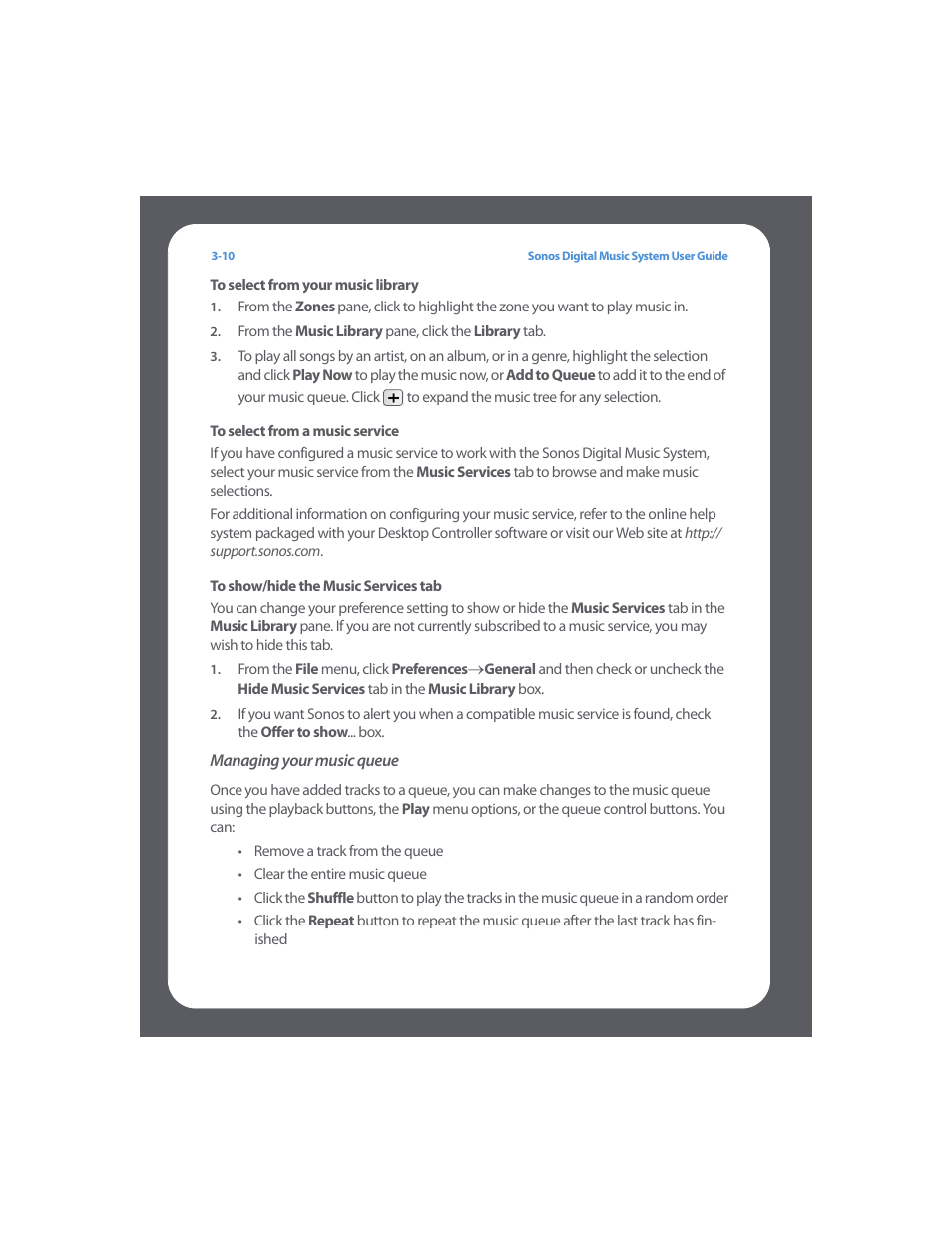 To select from your music library, To select from a music service, To show/hide the music services tab | Managing your music queue | Sonos Digital Music System User Manual | Page 32 / 114