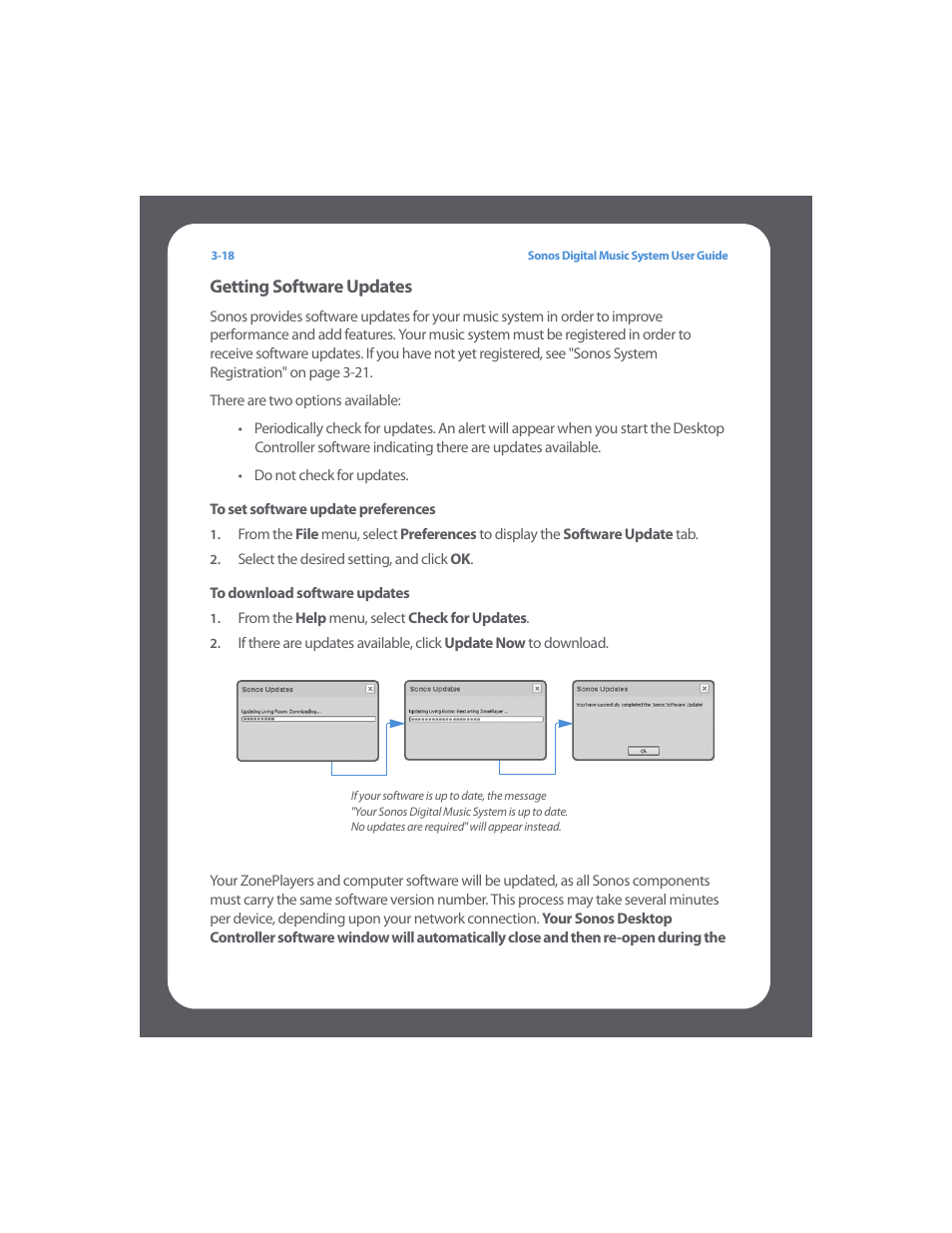 Getting software updates, To set software update preferences, To download software updates | Getting software updates -18 | Sonos Digital Music System User Manual | Page 40 / 114