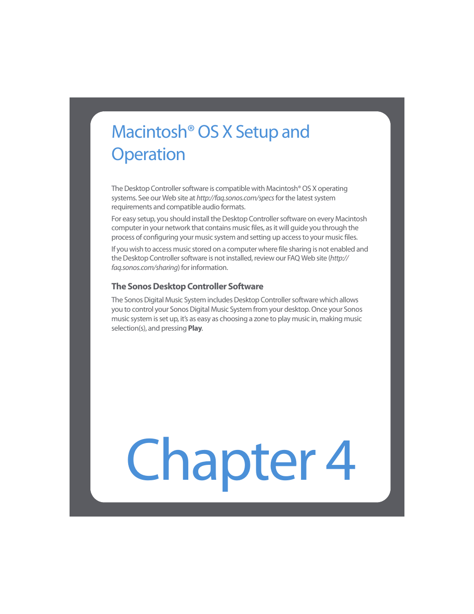 Macintosh® os x setup and operation, Chapter 4 macintosh® os x setup and operation, Chapter 4 | Sonos Digital Music System User Manual | Page 45 / 114