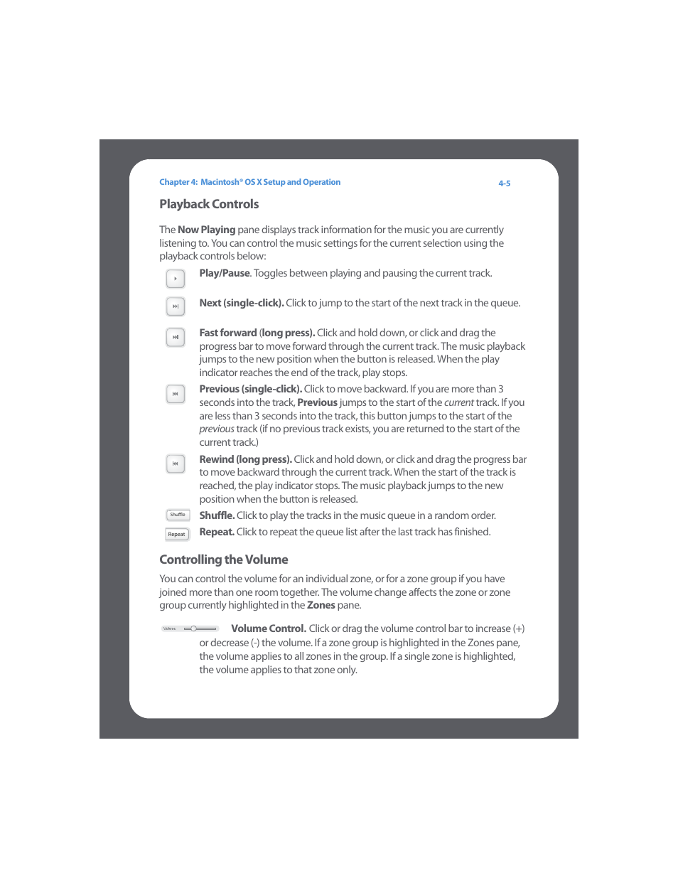 Playback controls, Controlling the volume, Playback controls -5 controlling the volume -5 | Sonos Digital Music System User Manual | Page 49 / 114