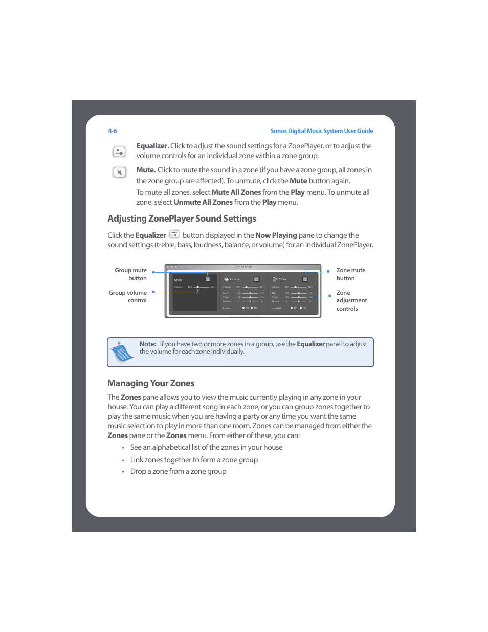Adjusting zoneplayer sound settings, Managing your zones | Sonos Digital Music System User Manual | Page 50 / 114