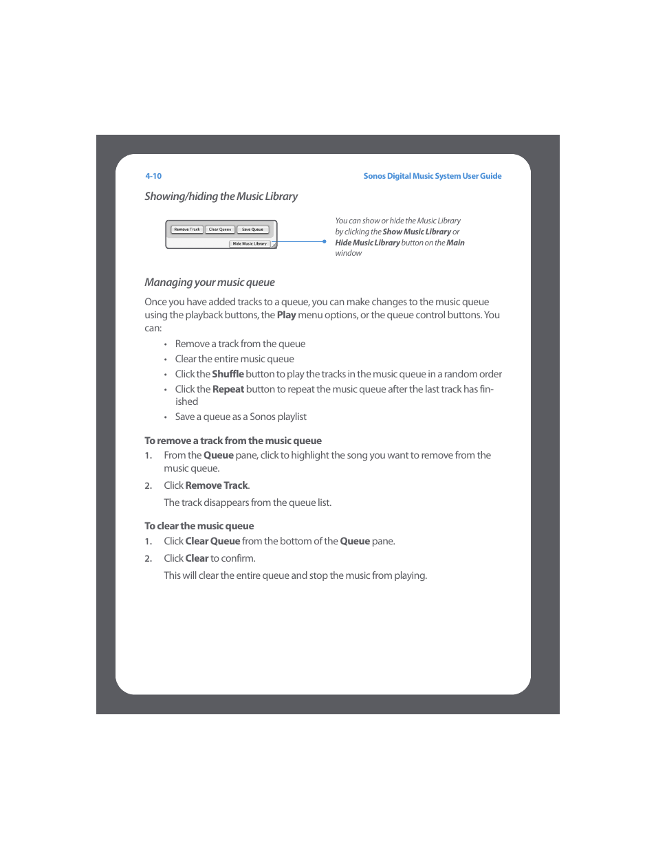 Showing/hiding the music library, Managing your music queue, To remove a track from the music queue | To clear the music queue | Sonos Digital Music System User Manual | Page 54 / 114