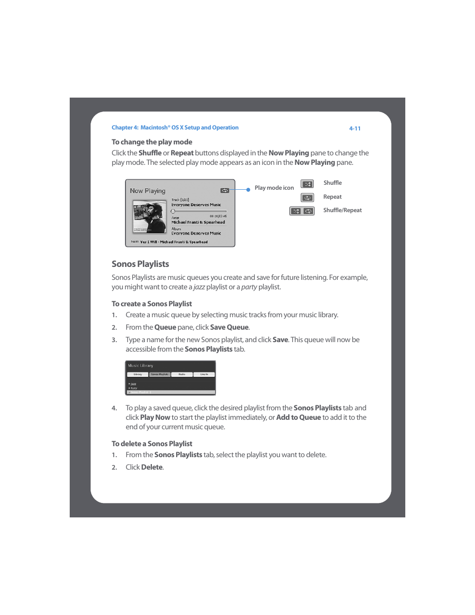 To change the play mode, Sonos playlists, To create a sonos playlist | To delete a sonos playlist, Sonos playlists -11 | Sonos Digital Music System User Manual | Page 55 / 114