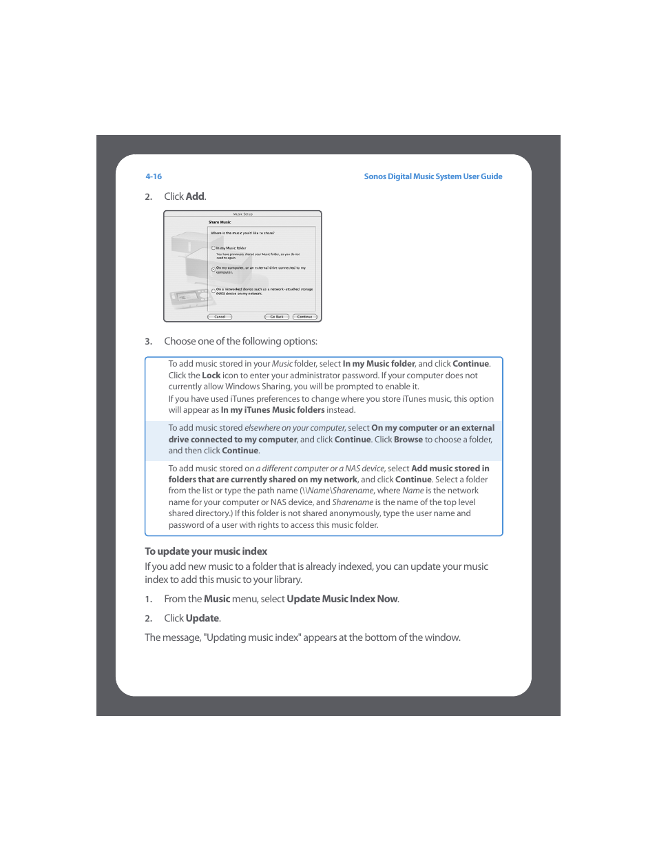 To update your music index | Sonos Digital Music System User Manual | Page 60 / 114