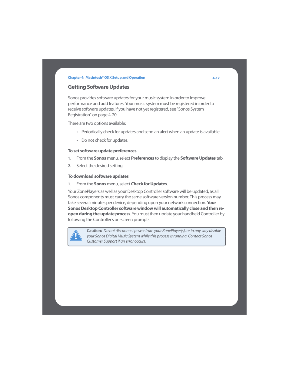 Getting software updates, To set software update preferences, To download software updates | Getting software updates -17 | Sonos Digital Music System User Manual | Page 61 / 114