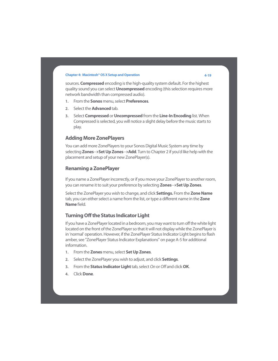 Renaming a zoneplayer, Turning off the status indicator light | Sonos Digital Music System User Manual | Page 63 / 114